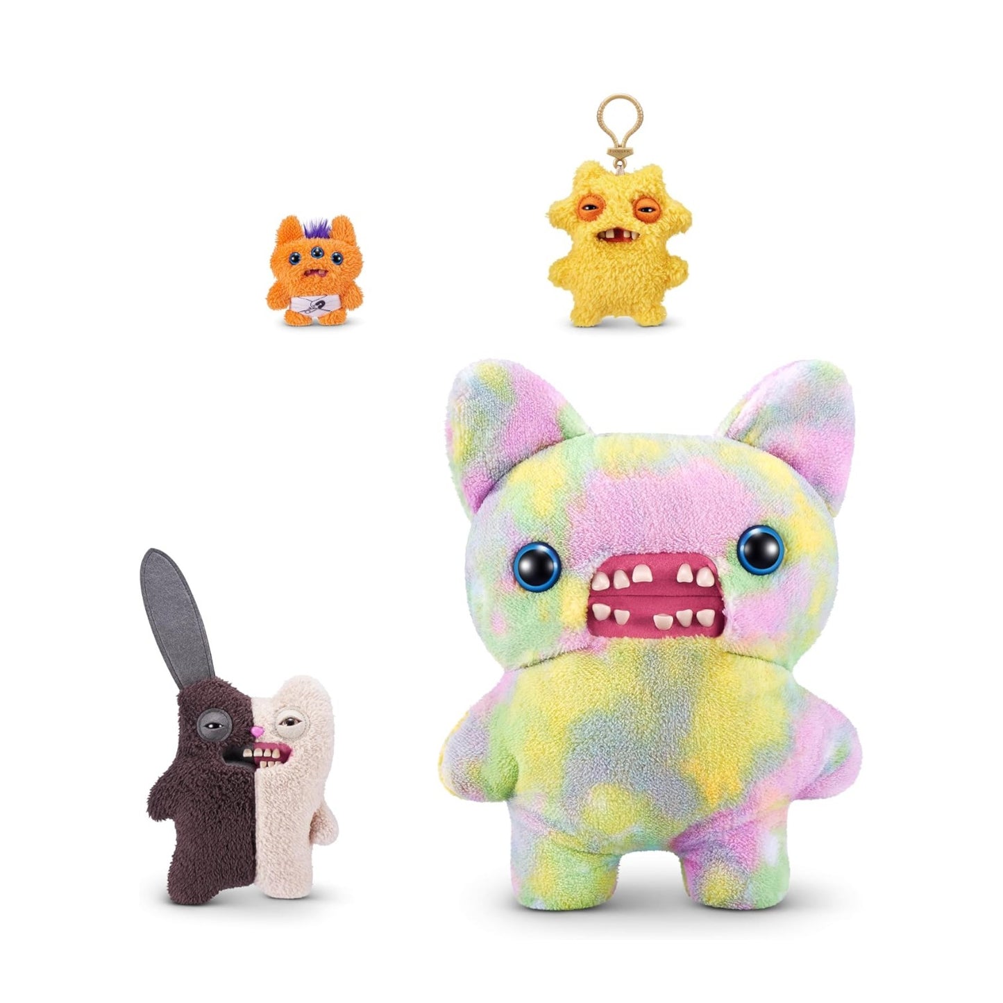 Collection of colorful plush toys on a white background
