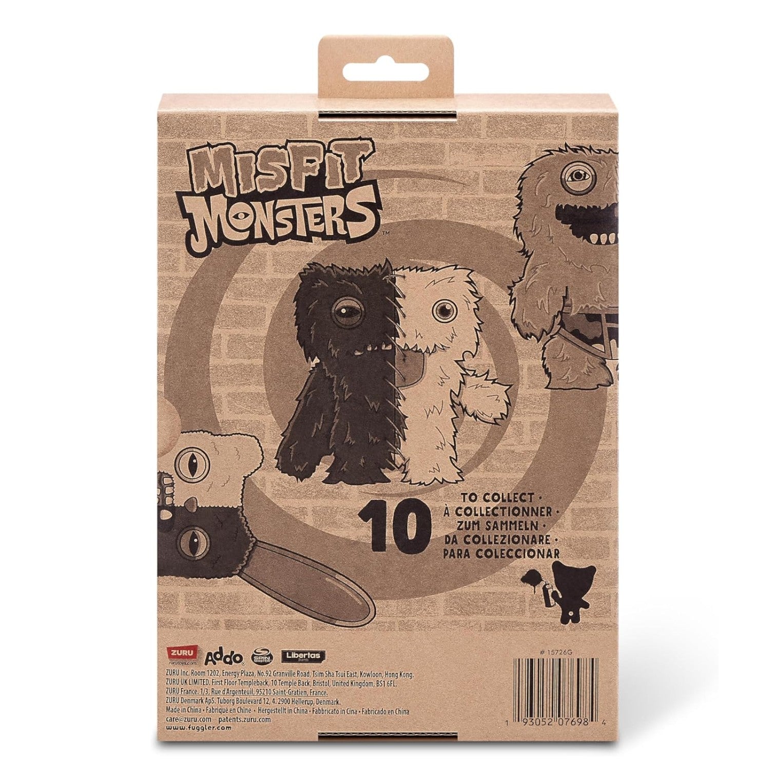 Cardboard packaging for Misfit Monsters with illustrations of monsters and text.