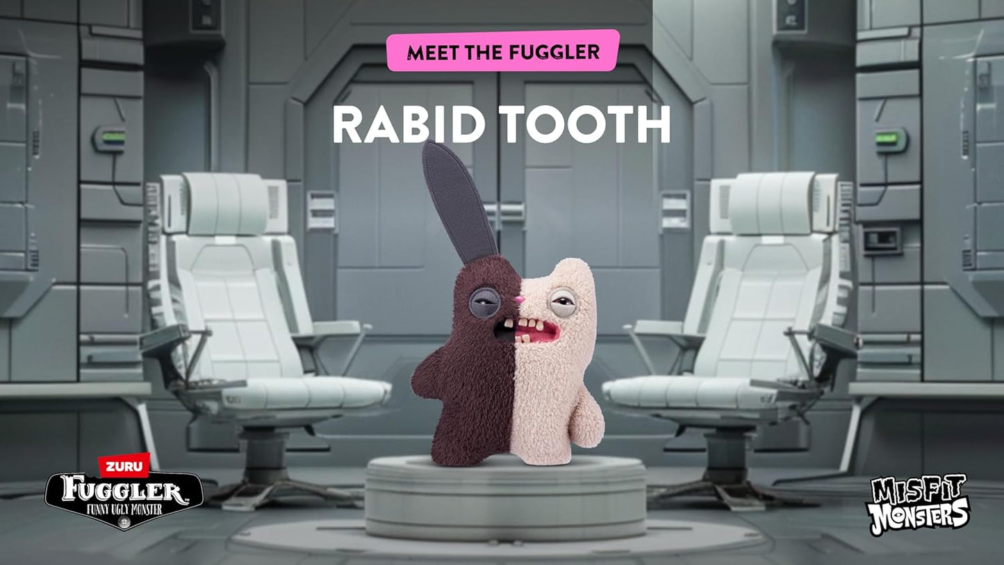 Two plush toys, one brown and one pink, sitting on a platform with 'Meet the Fuggler' text above them in a futuristic setting.