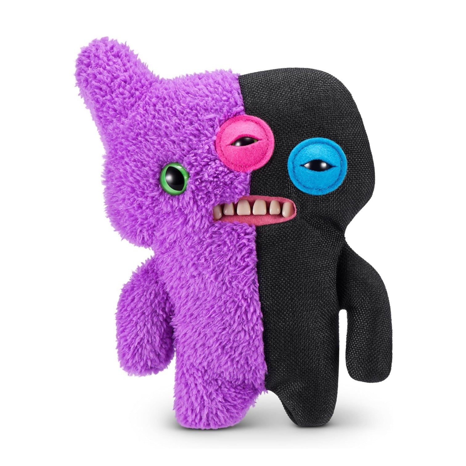 Fuggler Misfit Monsters Reekalien purple and black plush toy with three eyes and human-like teeth