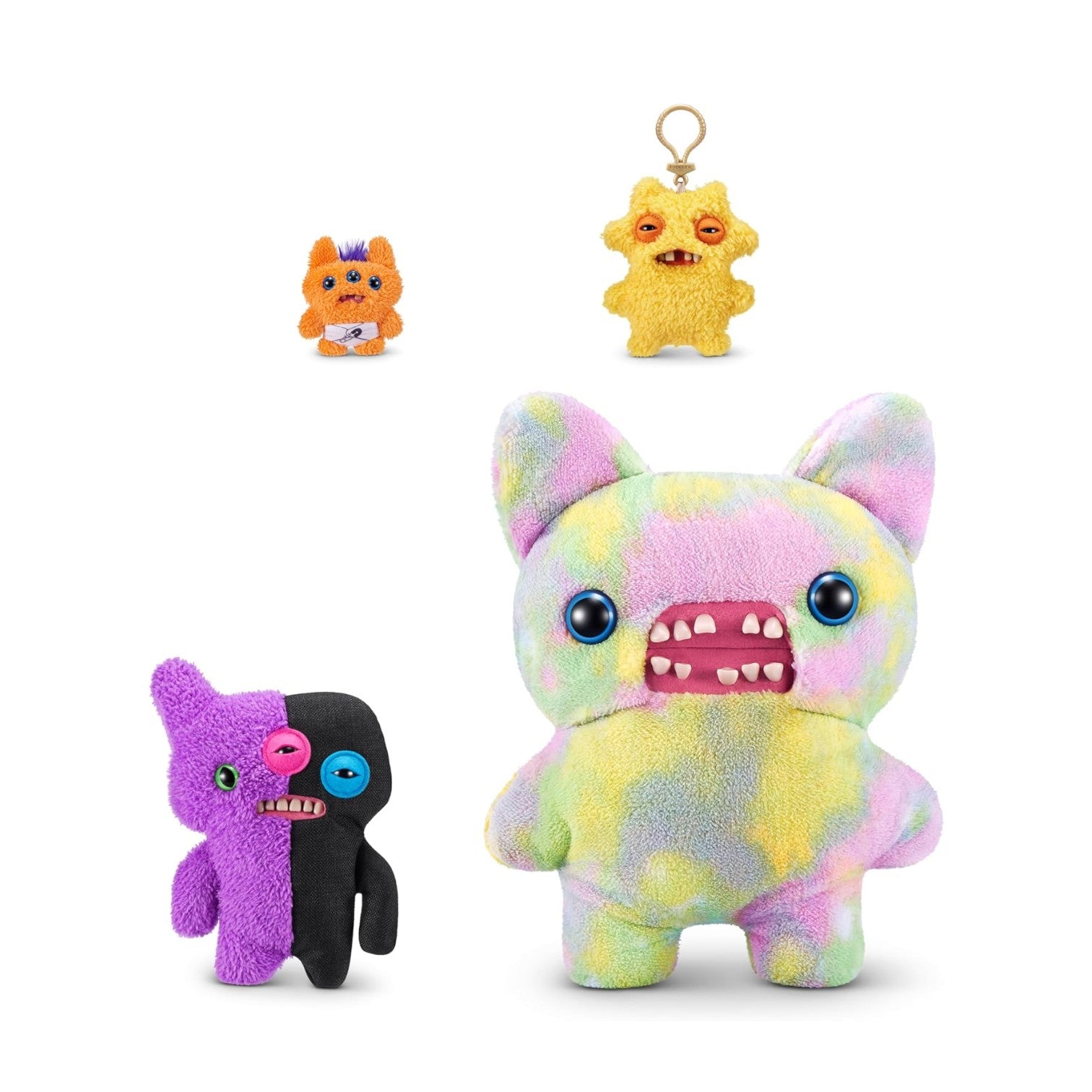 Set of colorful plush toys and keychain on a white background