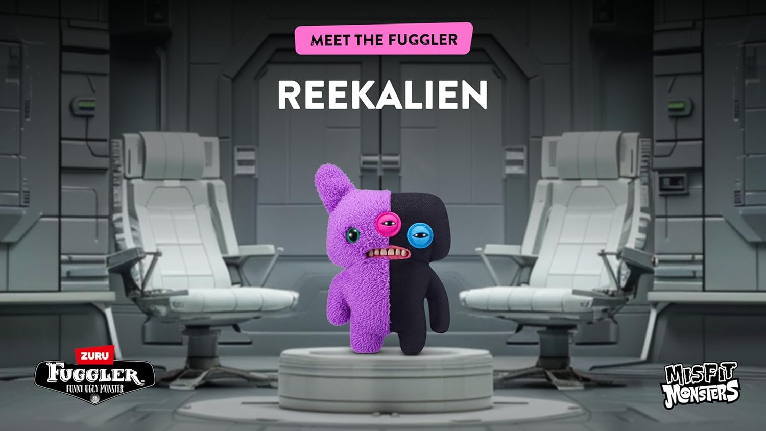 Two half-purple, half-black plush toys on a platform with 'Meet the Fuggler Reekalien' text in a futuristic setting.