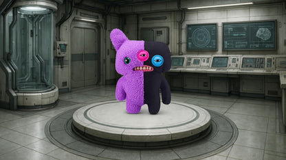 Purple and black plush toy with a surprised expression in a futuristic control room.