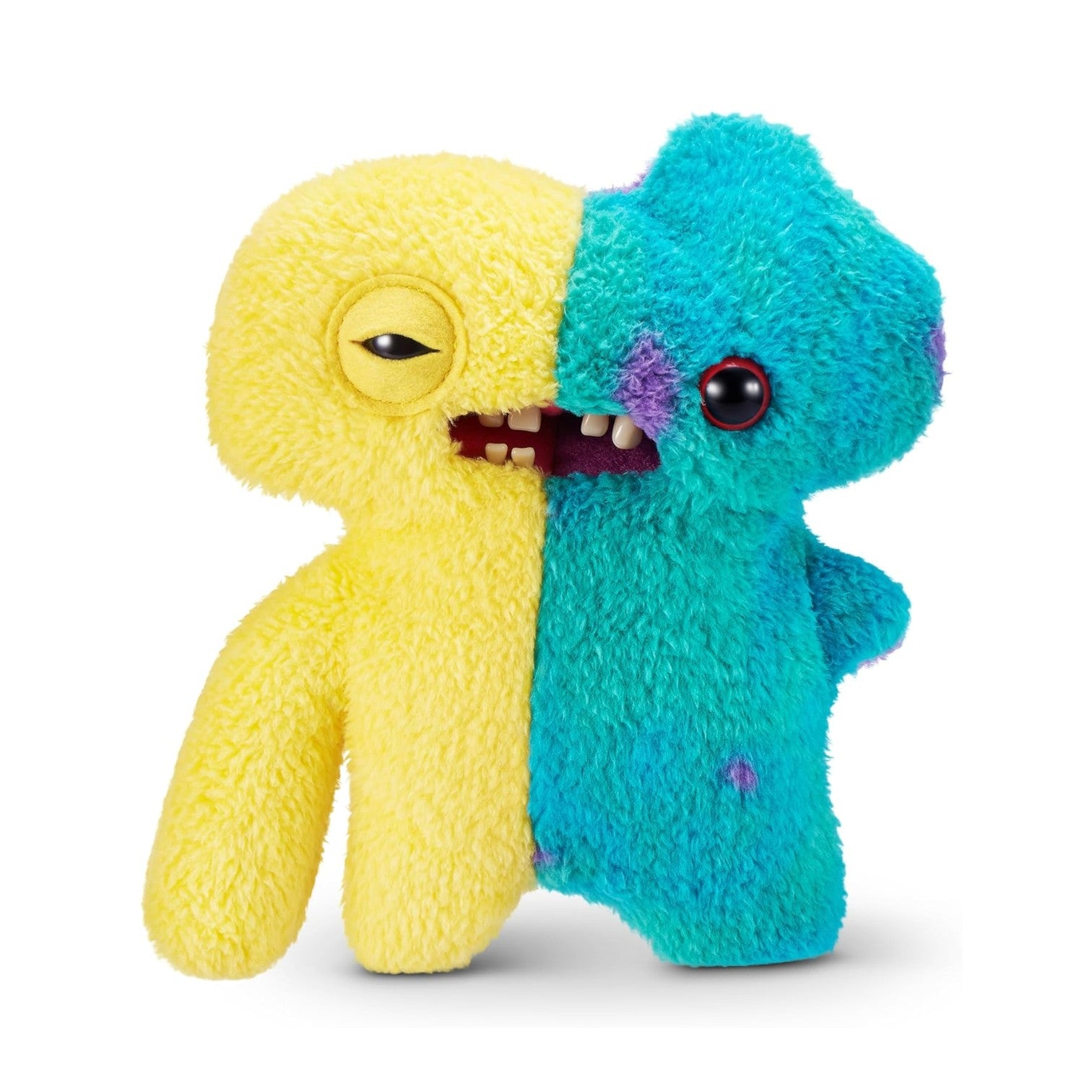 Fuggler Misfit Monsters Squidgetooth McGoo yellow and blue plush toy with a gap-toothed grin