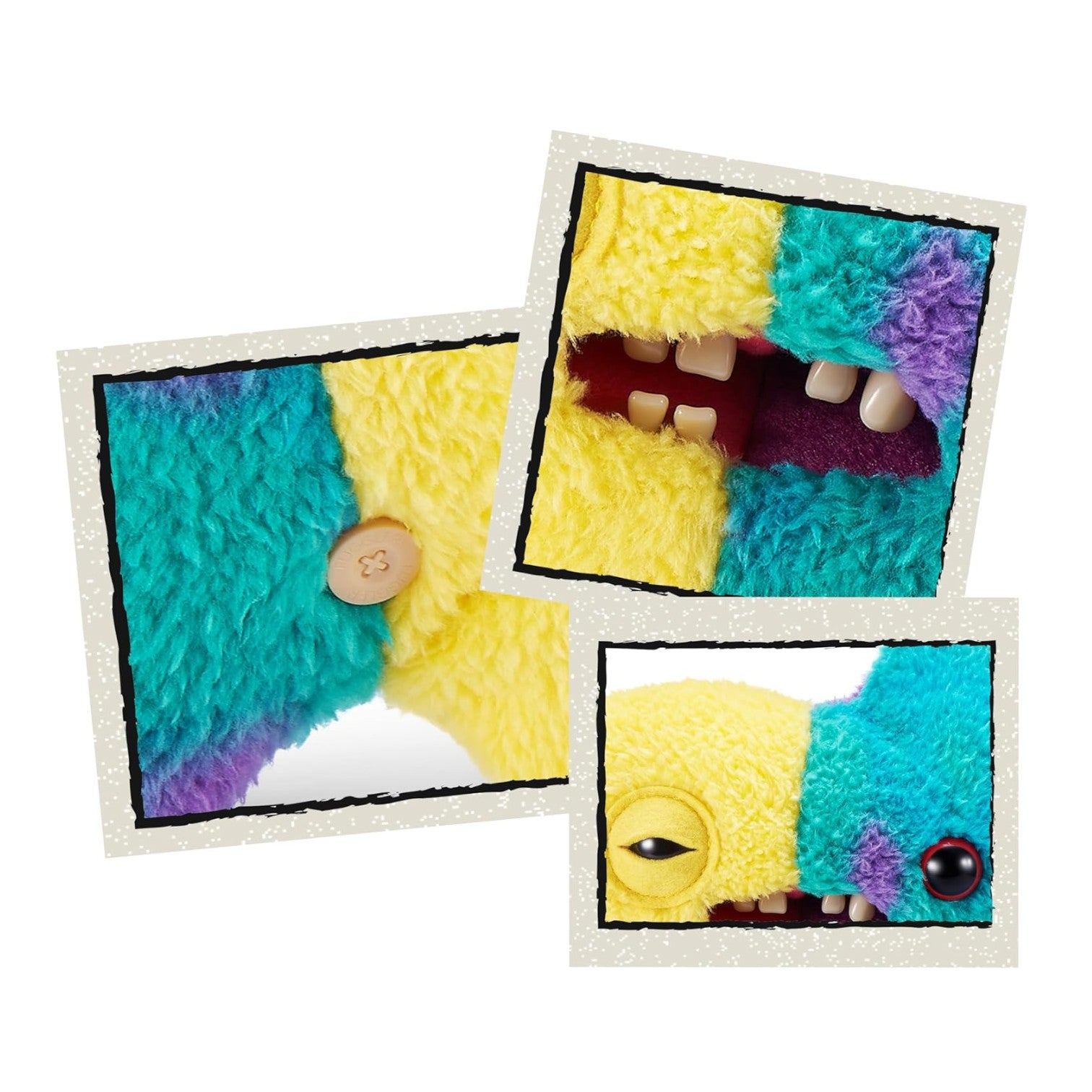Colorful textured fabric with button and eye-like embellishments on a white background
