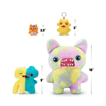 Colorful plush toy with smaller versions and measurements on a white background