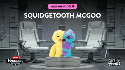 Two colorful characters, Squidgetooth and McGoo, on a platform with 'Meet the Fuggler' text in a futuristic setting.
