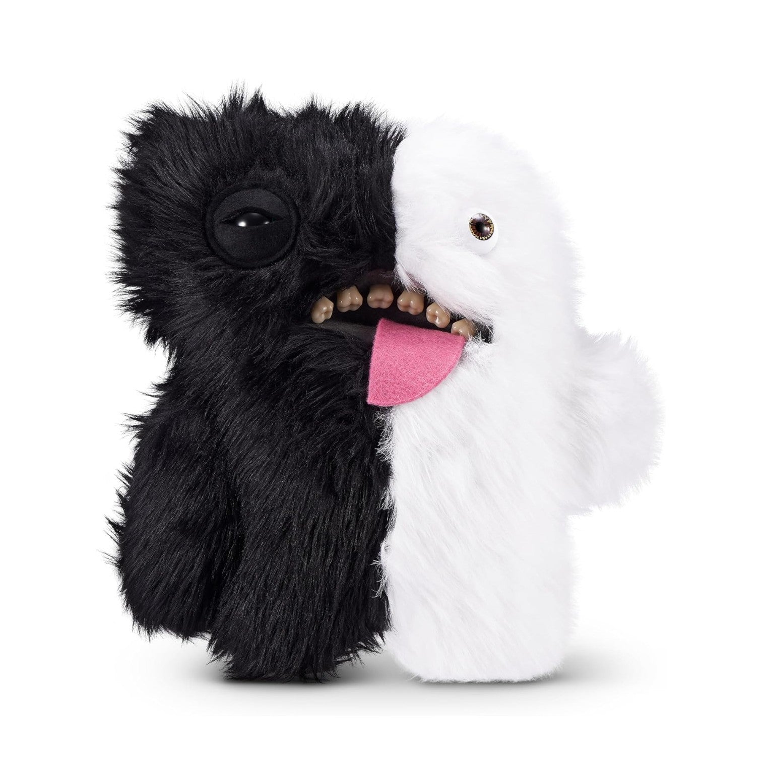 Fuggler Misfit Monsters Wide Eyed Boogah black and white plush toy with a gigantic tongue sticking out