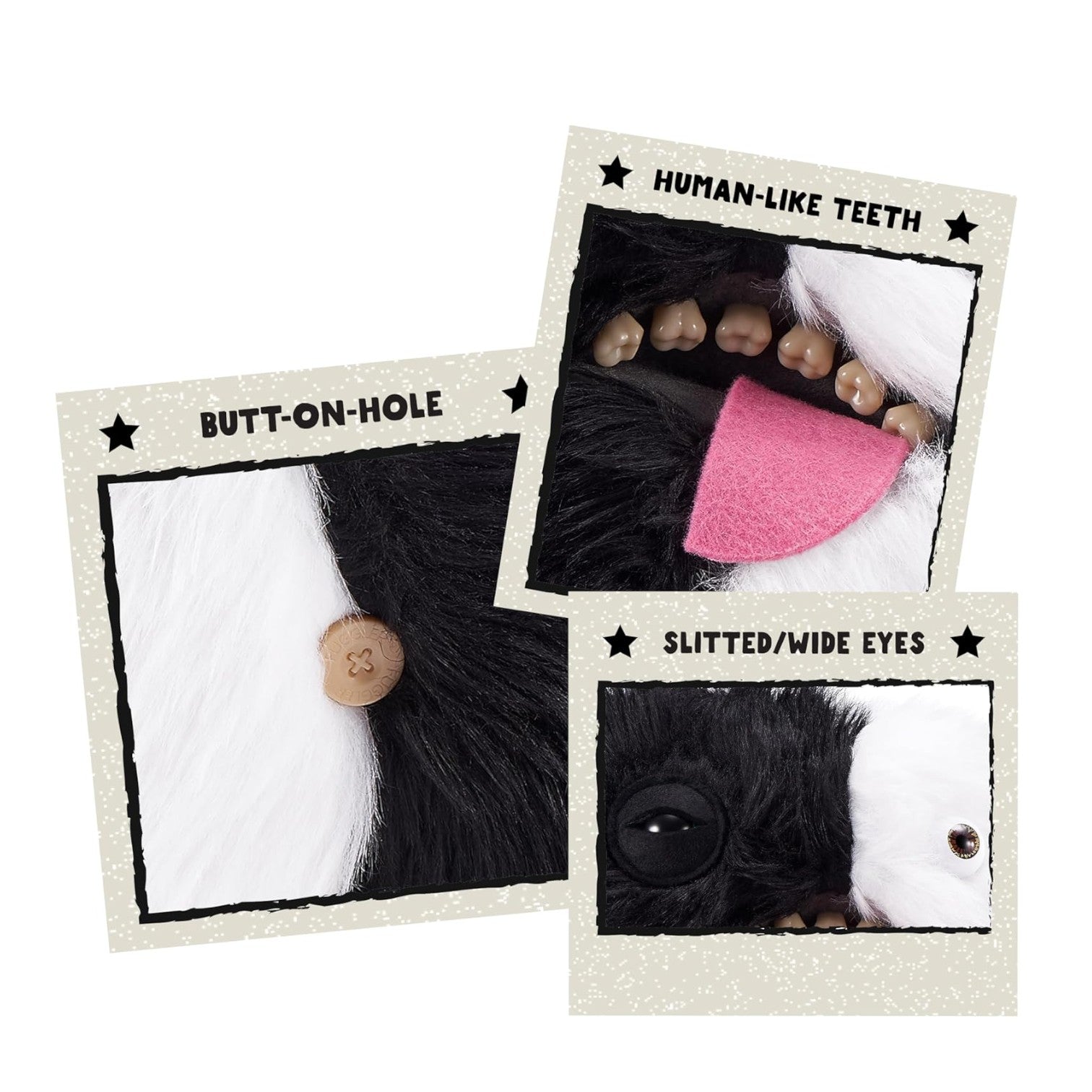 Fuggler Misfit Monsters Wide Eyed Boogah black and white plush toy with a gigantic tongue sticking out