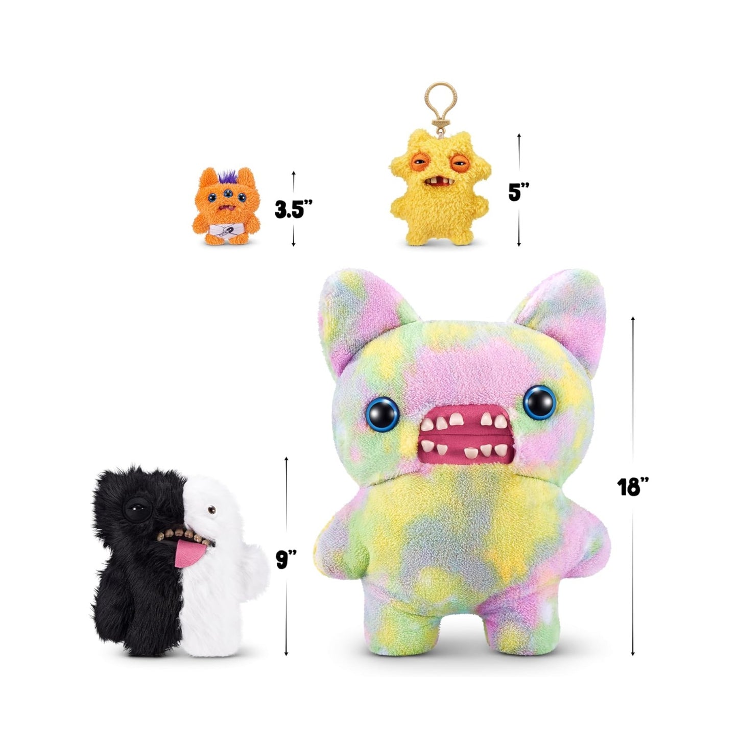 Colorful plush toy with smaller toys and measurements on a white background