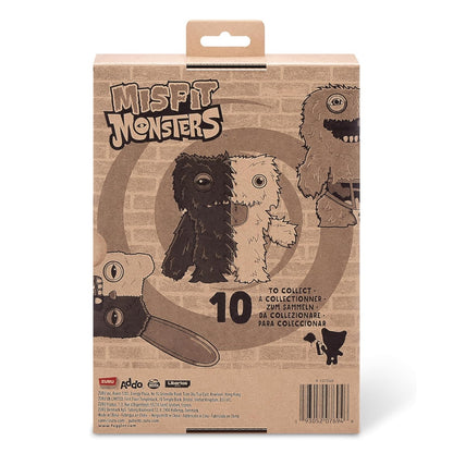 Cardboard packaging for Misfit Monsters with illustrations of monsters and text.