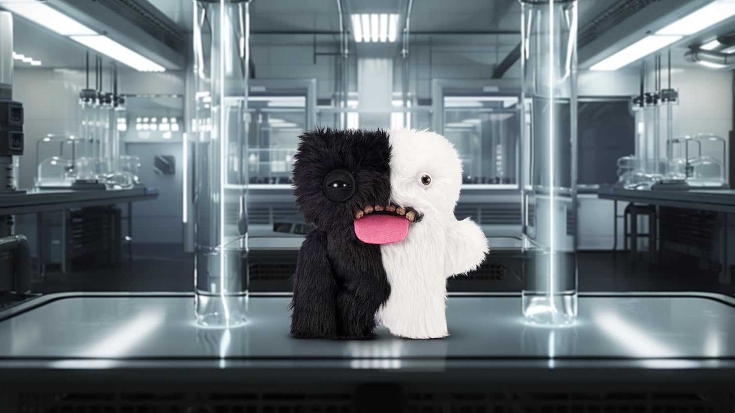 Two plush toys, one black and one white, with a pink tongue in a futuristic laboratory setting.