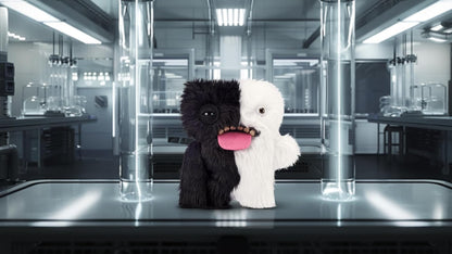 Two plush toys, one black and one white, with a pink tongue in a futuristic laboratory setting.
