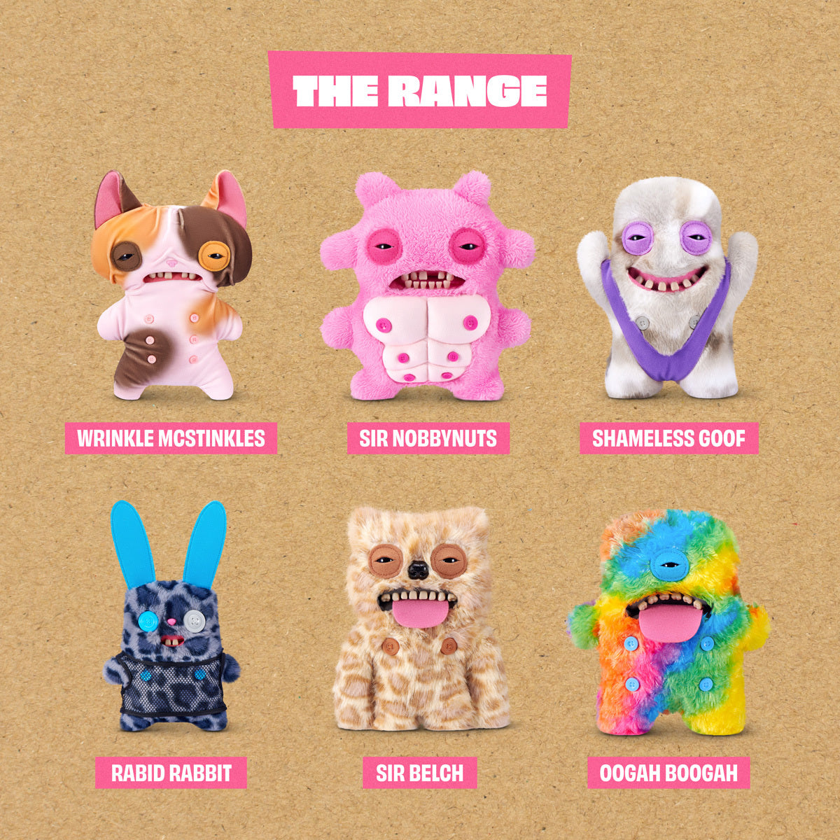 Collection of colorful plush toys with labels on a brown background