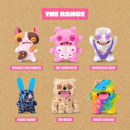 Collection of colorful plush toys with labels on a brown background