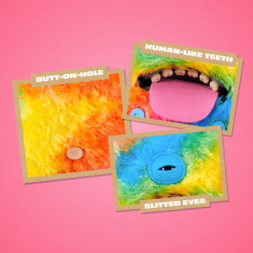Three colorful cards with text on a pink background