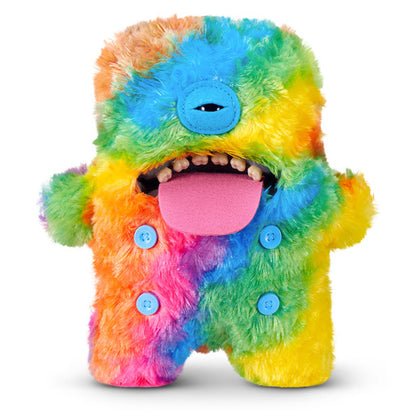 Fuggler Nipple Fuggs Oogah Boogah plush toy with fluffy rainbow tie-dye fur, a single blue eye, human-like teeth, a large pink tongue, and four blue buttons on its belly.
