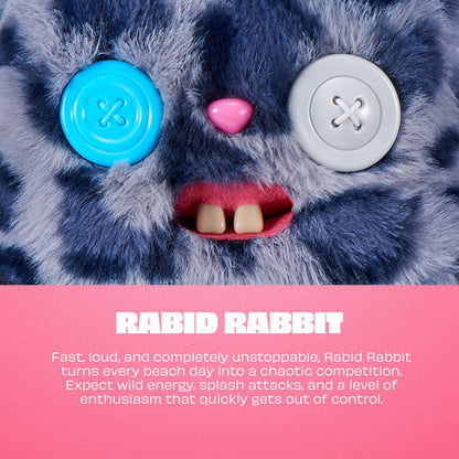 Furry creature with button eyes and a pink tongue on a pink background, labeled 'Rabid Rabbit'.