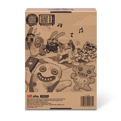 Cardboard box with cartoon character illustrations on a white background