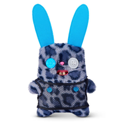 Fuggler Nipple Fuggs Rabid Rabbit plush toy with blue leopard print fur, tall blue ears, wearing a black mesh shirt, featuring mismatched button eyes and human-like buck teeth.
