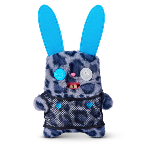 Fuggler Nipple Fuggs Rabid Rabbit plush toy with blue leopard print fur, tall blue ears, wearing a black mesh shirt, featuring mismatched button eyes and human-like buck teeth.