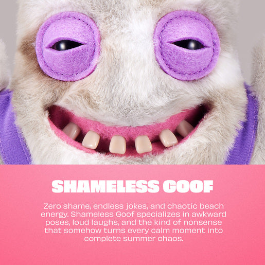 Close-up of a plush toy with purple eyes and a pink mouth, featuring text about 'Shameless Goof'.