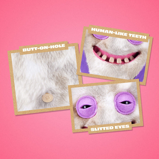 Three cards with Fuggler features on a pink background