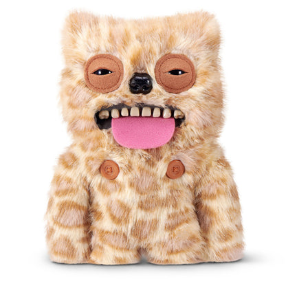 Fuggler Nipple Fuggs Sir Belch plush toy in fluffy tan and brown spotted fur with human-like teeth, a pink tongue sticking out, a black nose, sleepy eyes, and two brown buttons on its belly.
