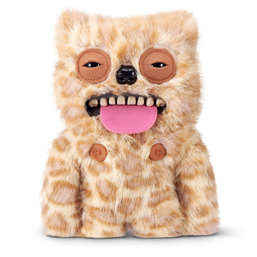 Fuggler Nipple Fuggs Sir Belch plush toy in fluffy tan and brown spotted fur with human-like teeth, a pink tongue sticking out, a black nose, sleepy eyes, and two brown buttons on its belly.