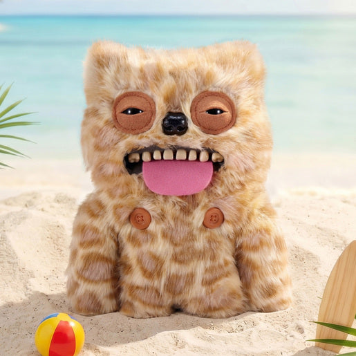 Fuggler Nipple Fuggs Sir Belch plush toy in fluffy tan and brown spotted fur with human-like teeth, a pink tongue sticking out, a black nose, sleepy eyes, and two brown buttons on its belly.