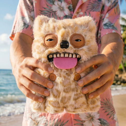 Person holding a Fuggler Nipple Fuggs Sir Belch plush toy in fluffy tan and brown spotted fur with human-like teeth, a pink tongue sticking out, a black nose, sleepy eyes, and two brown buttons on its belly.