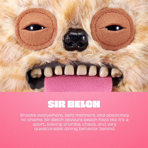 Close-up of a plush toy with a humorous description of 'Sir Belch' on a pink background.