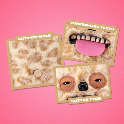 Three cards with with close up of features for Fuggler Nipple Fuggs Sir Belch plush toy in fluffy tan and brown spotted fur with human-like teeth, a pink tongue sticking out, a black nose, sleepy eyes, and two brown buttons on its belly.