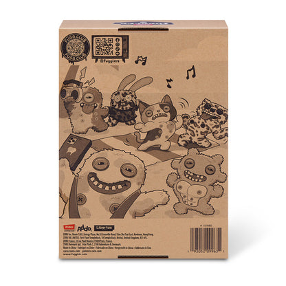 Cardboard box with cartoon animal characters on a white background
