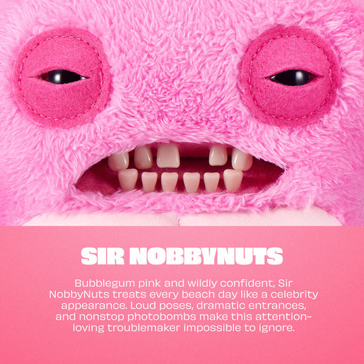 Close-up of a pink plush toy with a humorous description text.
