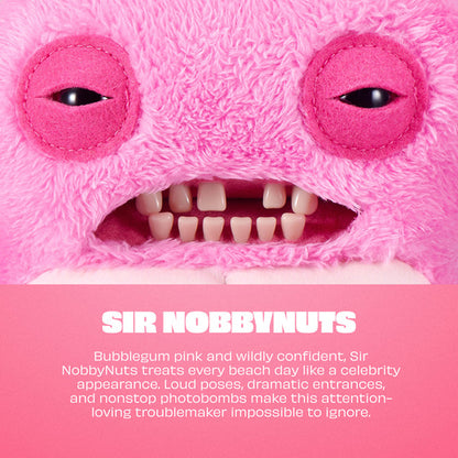 Close-up of a pink plush toy with a humorous description text.