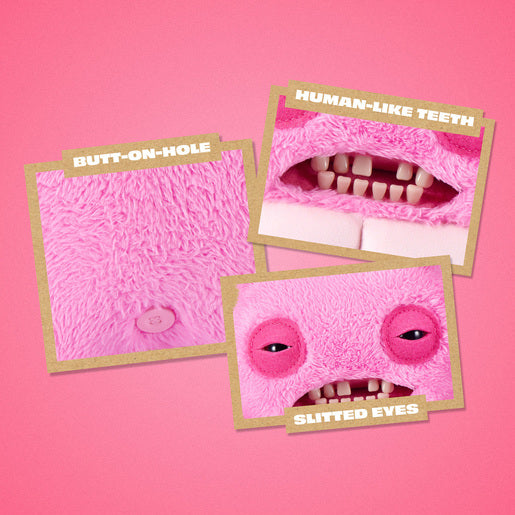 Close up of features Fuggler Nipple Fuggs Sir Nobbynuts plush toy in fluffy bubblegum pink with human-like teeth, half-closed eyes, and six pink buttons on its belly