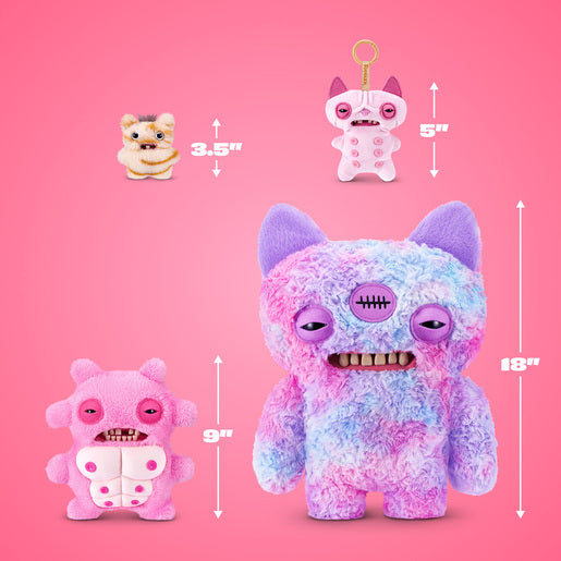 Set of colorful plush toys with size measurements on a pink background
