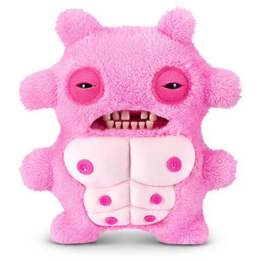 Fuggler Nipple Fuggs Sir Nobbynuts plush toy in fluffy bubblegum pink with human-like teeth, half-closed eyes, and six pink buttons on its belly