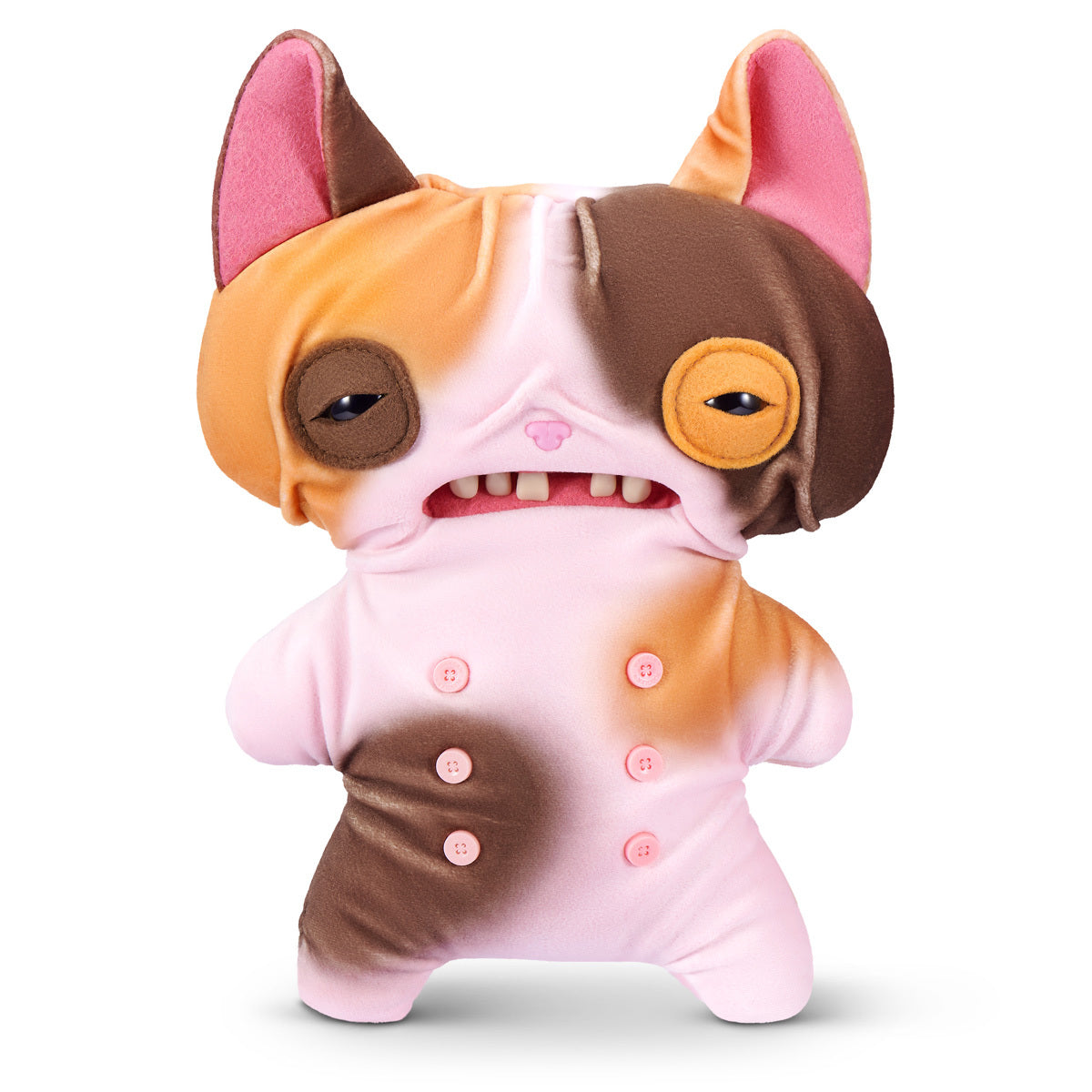 Fuggler Nipple Fuggs Wrinkle McStinkles plush toy with pink and brown patches, human-like teeth, sleepy eyes, and four pink buttons on its belly