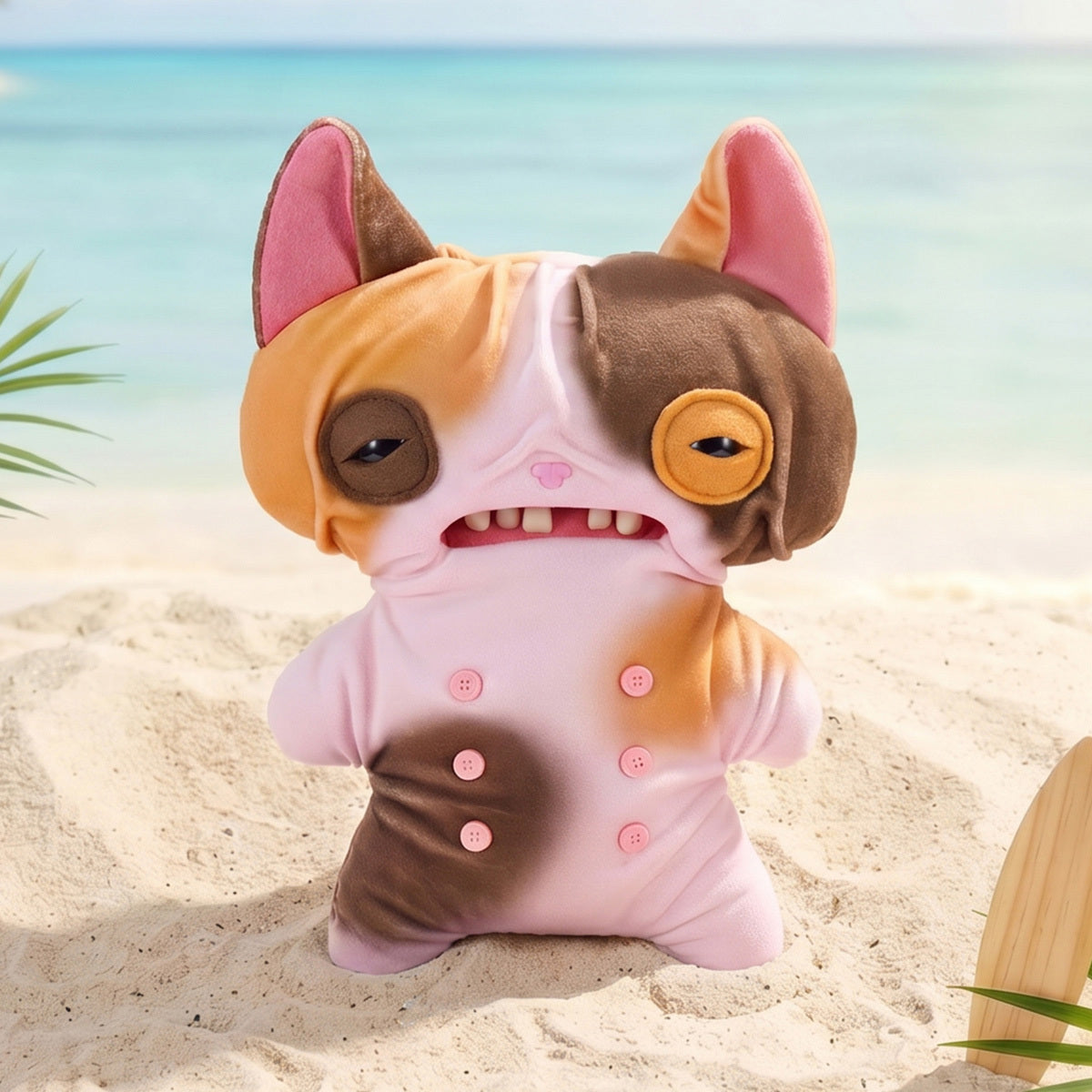 Fuggler Nipple Fuggs Wrinkle McStinkles plush toy with pink and brown patches, human-like teeth, sleepy eyes, and four pink buttons on its belly on a sandy beach