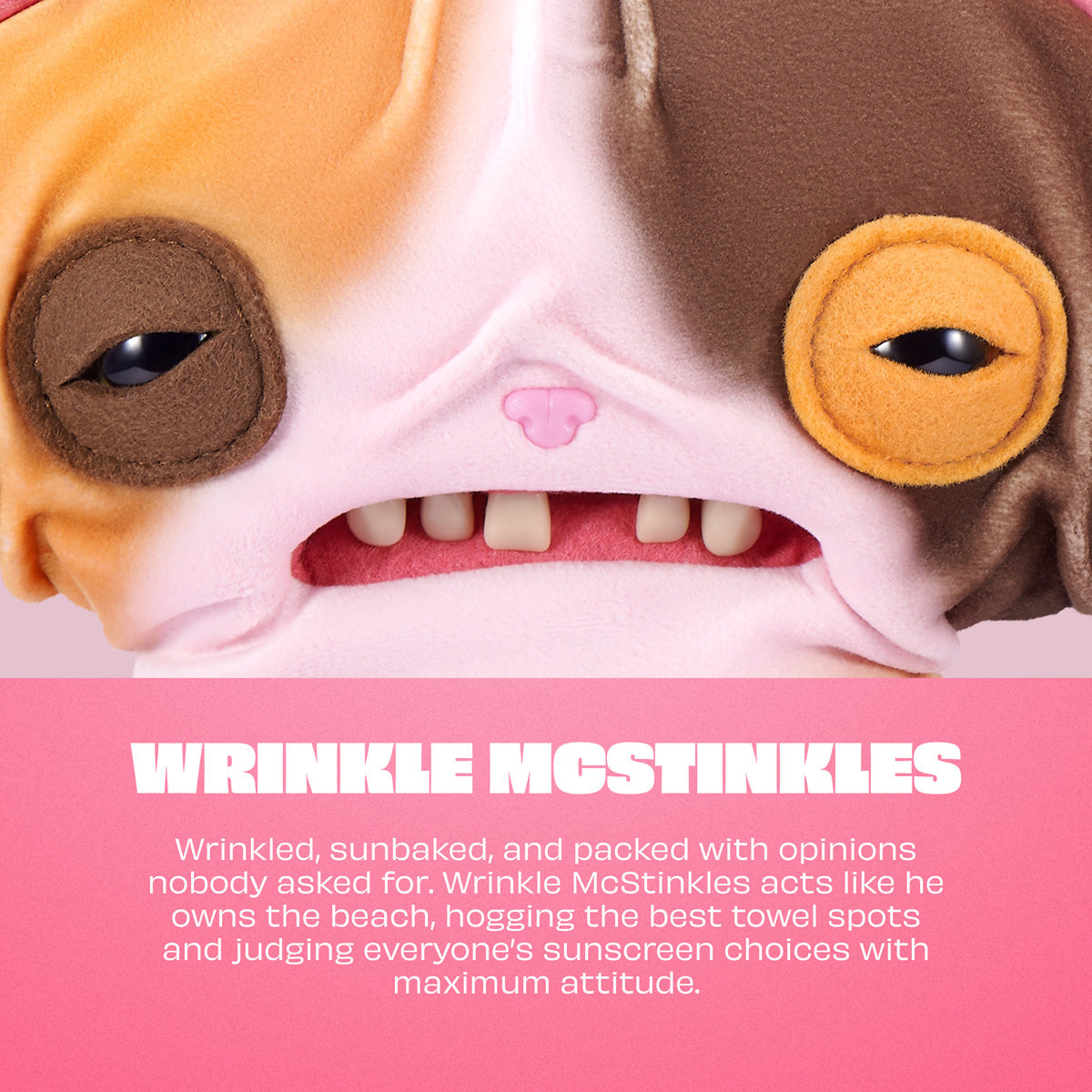 Close-up of a Fuggler Nipple Fuggs Wrinkle McStinkles plush toy with pink and brown patches, human-like teeth, sleepy eyes, and four pink buttons on its belly with a pink background and text about 'Wrinkle McStinkles'.