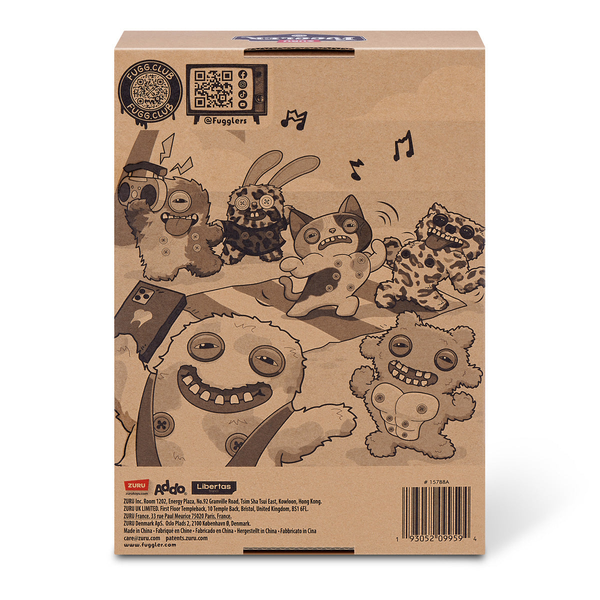 Cardboard box with illustrations of cartoon characters on a white background