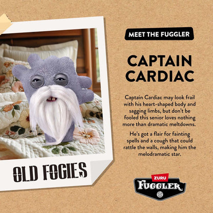 Advertisement for Captain Cardiac, a plush toy with text about Old Fogies and Zuru Fuggler on a cardboard background.