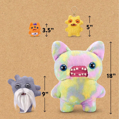 Four colorful plush toys with measurements on a brown background
