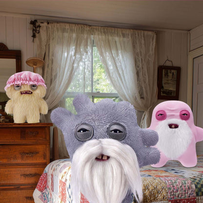 Three Fuggler Old Fogies on a couch in a room with curtains and furniture.