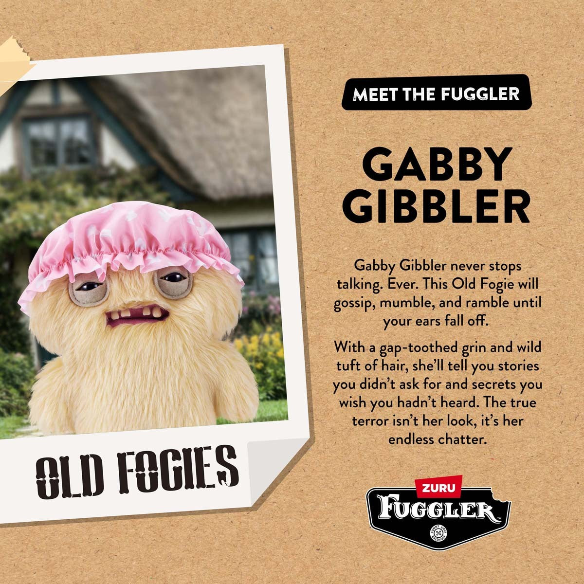 Promotional image of a plush toy with text about 'Gabby Gibbler' on a brown background.