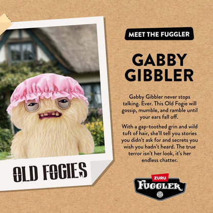 Promotional image of a plush toy with text about 'Gabby Gibbler' on a brown background.