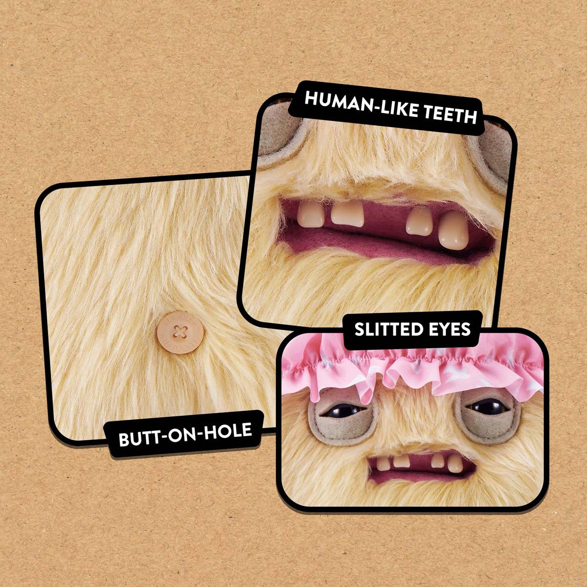 Illustration of a creature with human-like teeth, slitted eyes, and a button on its head against a brown background.