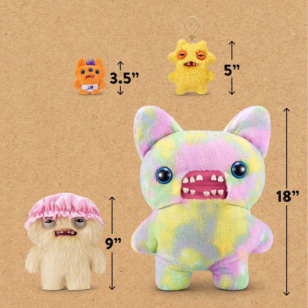 Four small plush toys with measurements on a brown background